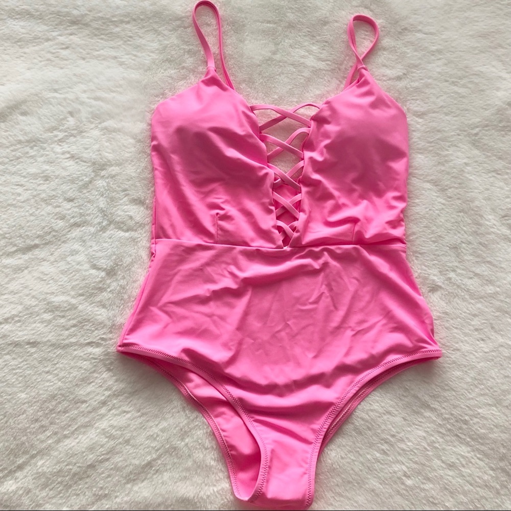 Front Lace One Piece Festival Bathing Suit Pink
